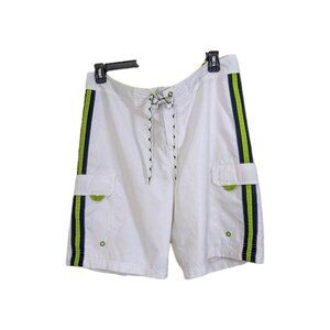 Vintage Old Navy Mens White Board Swim Shorts Size L Black Green Stripes Cargo